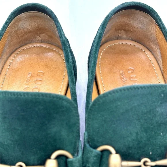 Gucci Jordaan Green Suede Horsebit Loafers - Picture 11 of 12